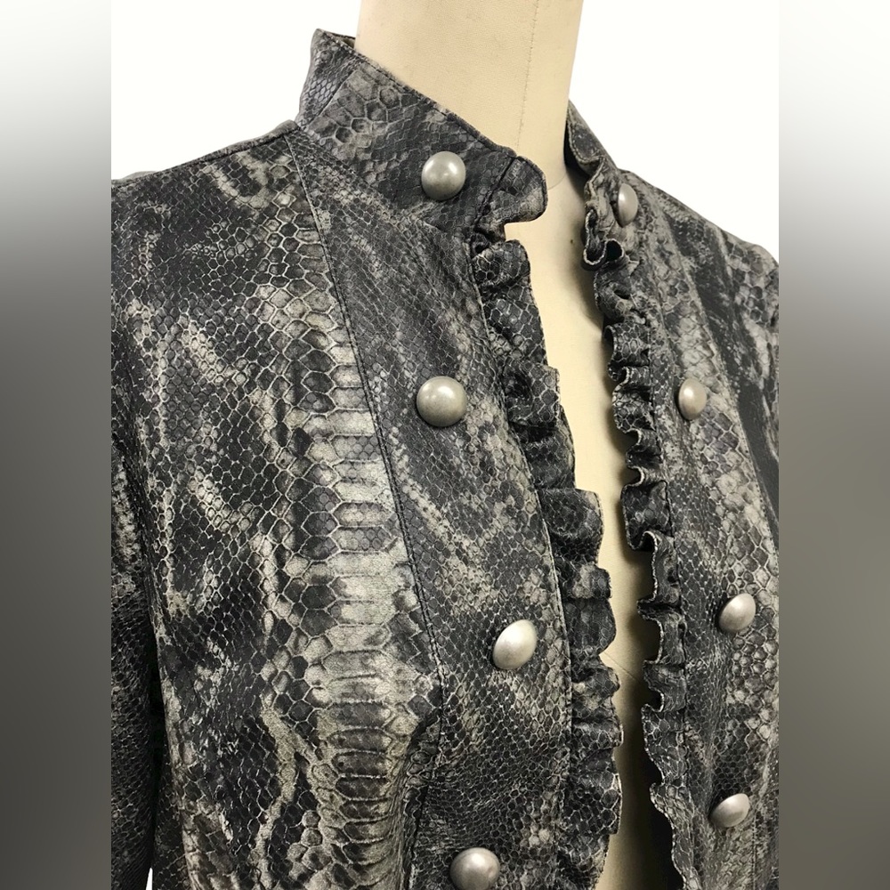 VINTAGE GREY REPTILE EMBOSSED LEATHER ARMY JACKET WITH METAL BUTTONS RUFFLED HEM